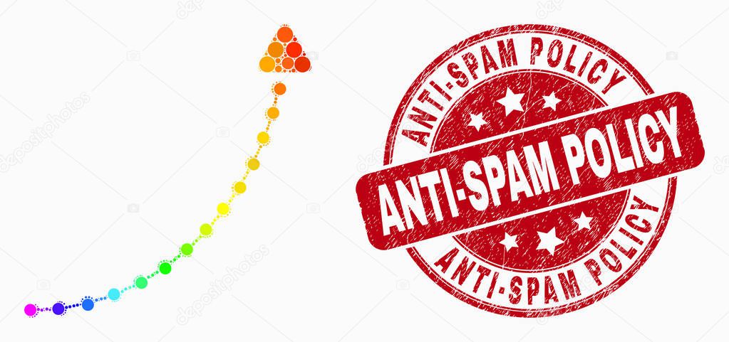 Vector Rainbow Colored Dot Up Trend Arrow Icon and Grunge Anti-Spam Policy Stamp