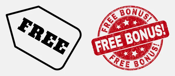Vector Lineal Tag Icono y Grunge Free Bonus Sello de sello de exclamación — Vector de stock