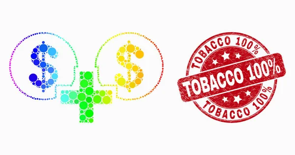 Ícone de soma financeira do ponto espectral do vetor e selo de 100% do tabaco do grunge — Vetor de Stock