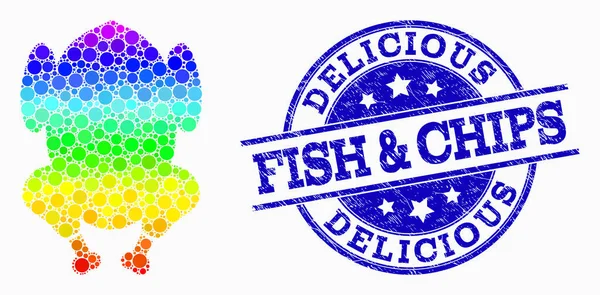 Vector Rainbow Colored Dot Fried Chicken Body Icon and Distress Delicious Fish and Chips Seal — Stock Illustration Vector Rainbow Colored Dot Fried Chicken Body Icon and Distress Delicious Fish and Chips Seal Royalty Free Stock Vectors