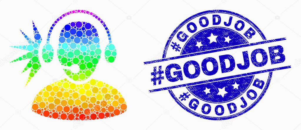 Vector Rainbow Colored Pixel Operator Signal Icon and Grunge Hashtag Goodjob Seal