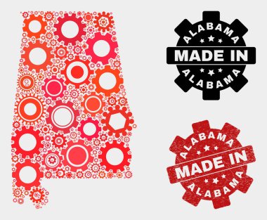 Mozaik Alabama Eyaleti Vites Ögeleri ve Grunge Mührü Haritası