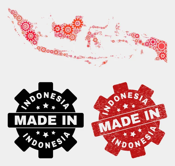 Mosaico Indonesia Mappa di Cogwheel Articoli e francobolli Grunge — Vettoriale Stock