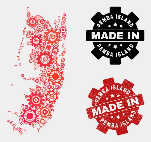 Mosaic Pemba Island Kaart van Cogwheel Items en Grunge Stempel — Stockvector