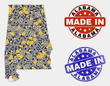 Mozaik Alabama Eyaleti Üretim Elementleri Haritası ve Grunge Stamp Yapımı