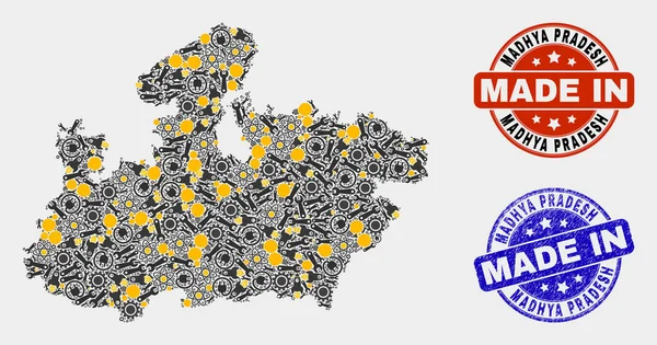 Mosaico Madhya Pradesh Mappa di Stato di articoli di servizio e made in Grunge Seal — Vettoriale Stock