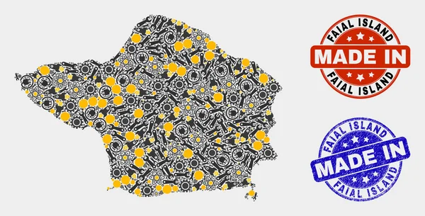 技術要素のモザイクフェア島の地図とグランジシールで作られました — ストックベクタ
