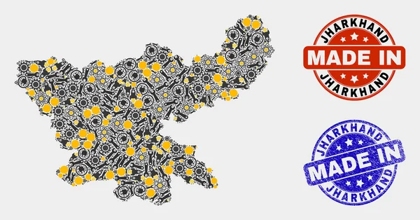 Mosaico Jharkhand State Mappa degli articoli tecnologici e made in Grunge Seal — Vettoriale Stock