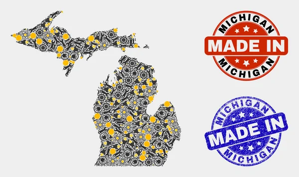 Mosaik michigan state map of industry items und made in grunge stamp — Stockvektor