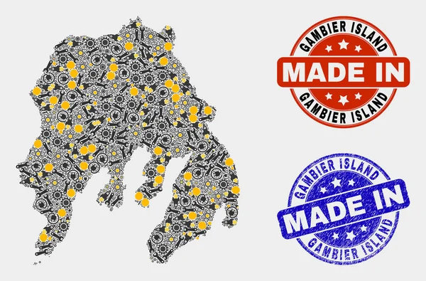 Mosaico Gambier Island Mappa degli elementi tecnologici e made in Grunge Seal — Vettoriale Stock