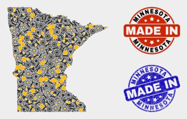 Mozaik Minnesota Eyaleti Atölye Ögelerinin Haritası ve Grunge Pulu Yapımı