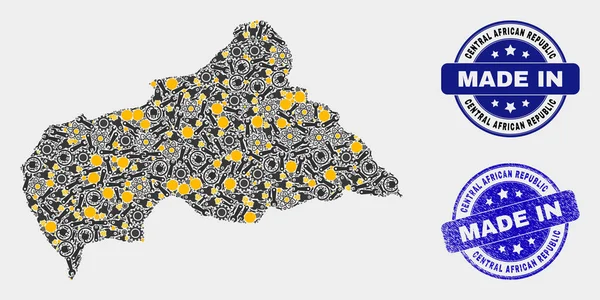 Mosaico Repubblica Centrafricana Mappa degli elementi tecnologici e Made In Grunge Seal — Vettoriale Stock