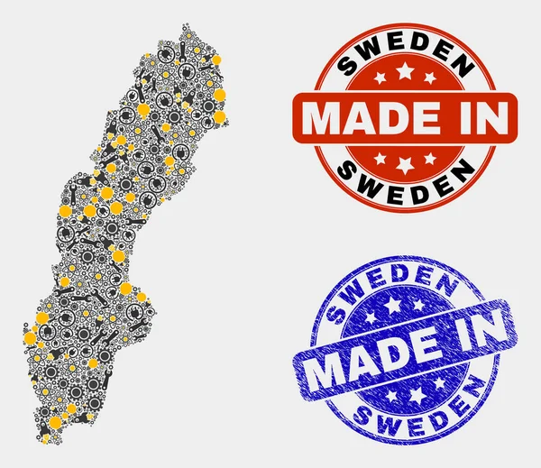 Mozaik İsveç Teknoloji Haritası Grunge Mührü Yapımı — Stok Vektör
