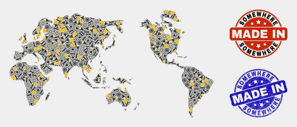 Mosaico en todo el mundo Mapa de artículos industriales y hecho en Grunge Seal — Archivo Imágenes Vectoriales