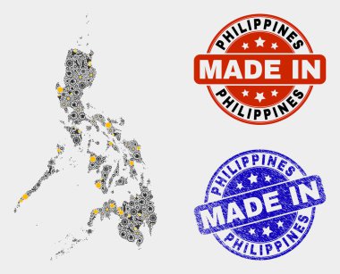 Mozaik Filipinler Endüstriyel Elemenlerin Haritası ve Grunge Mührü