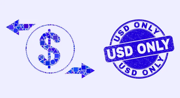 Niebieski Distress USD Tylko pieczęć i Dolar Exchange Arrows Mozaika — Wektor stockowy