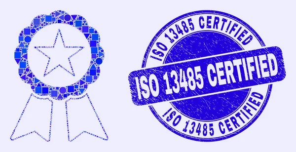 Blue Grunge ISO 13485 zertifizierter Stempel und Star Seal Mosaic — Stockvektor