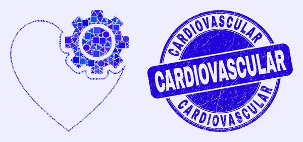 Blue Distress Cardiovascular Stamp Seal and Heart Gear Mosaic — Stockový vektor