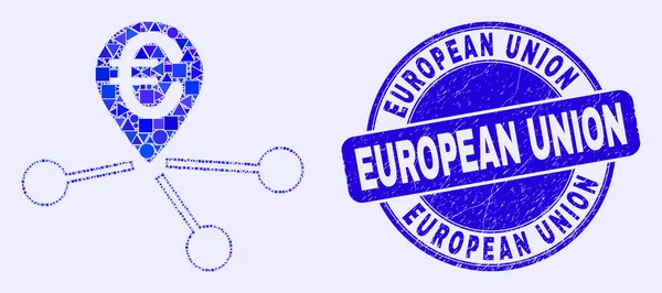 Blue Scratched Evropská unie razítko a Euro Umístění Odkazy Mozaika — Stockový vektor