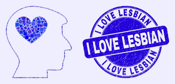 Blue Grunge I love Lesbian Stamp and Lovely Heart Man Μωσαϊκό κεφαλής — Διανυσματικό Αρχείο