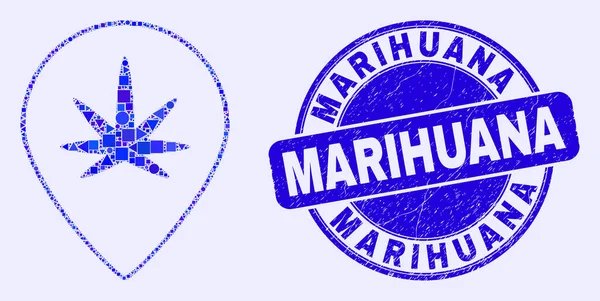 Blue Distress Marihuana Stamp Seal and Cannabis Map Marker Mosaic — стоковий вектор