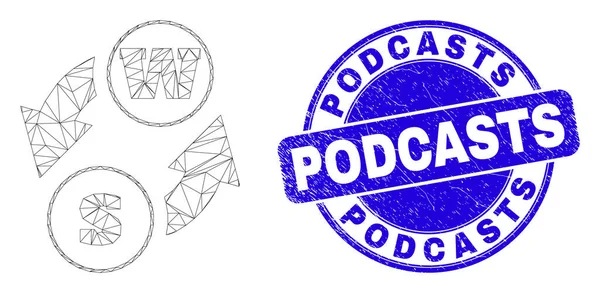 Modrá poškrábaná razítka podcastů a výměna znaků podle abecedy na webu — Stockový vektor