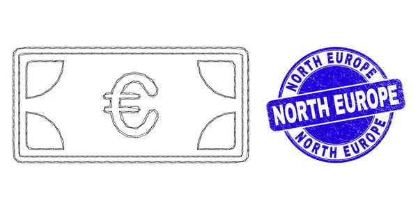 Blue Scratched North Europe Stamp Seal and Web Mesh Euro Banknotes Income — Stock Vector