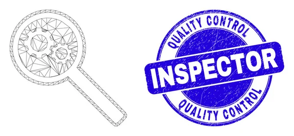 Blue Distress Quality Control Inspector Seal och Web Mesh Gears Audit — Stock vektor