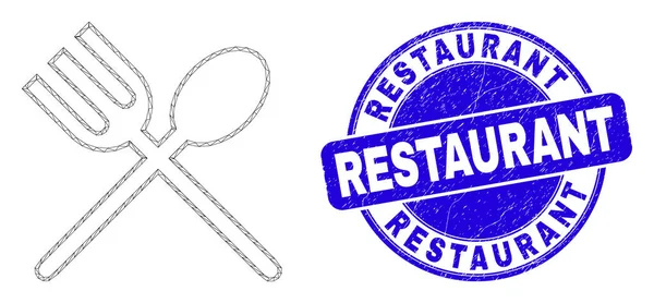 蓝色遇险餐厅印章及网箱、勺子及叉子 — 图库矢量图片