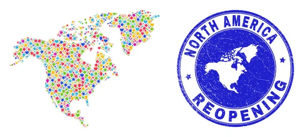 Znovuotevření Severní Ameriky Mapa Mozaika a Grunge razítko — Stockový vektor