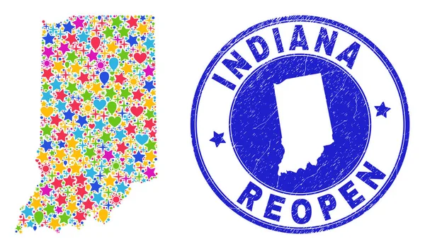 Reapertura del mapa estatal de Indiana Mosaico y sello de angustia — Vector de stock