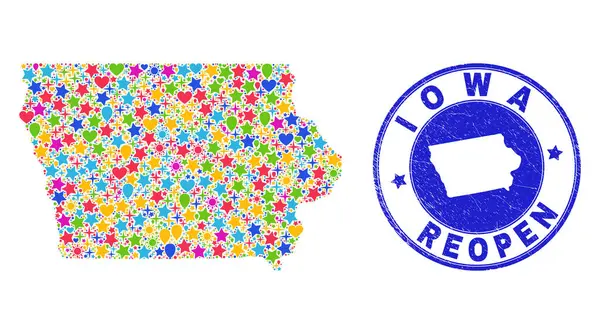 Wiedereröffnung Iowa State Map Mosaik und Texturiertes Siegel — Stockvektor