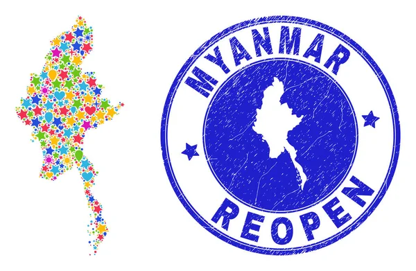 Reabertura do mapa de Mianmar Colagem e Selo Arranhado — Vetor de Stock