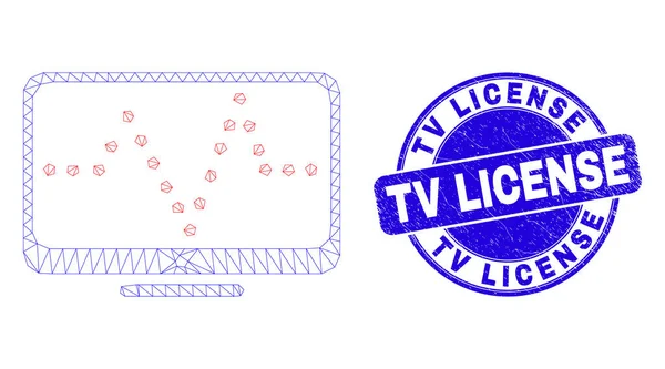 Blaues zerkratztes TV-Lizenzsiegel und Web Mesh Online-Punktediagramm — Stockvektor