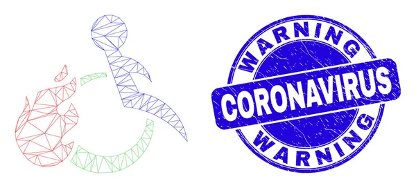 Blå repad varning Coronavirus Seal och Web Mesh Fired Disabled Person — Stock vektor