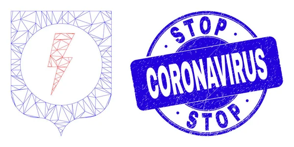 Blue Grunge Stop Coronavirus Stämpel och Web Mesh Electric Shield — Stock vektor