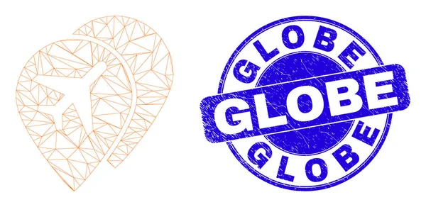 Blauwe Grunge Globe Stempel Seal en Web Carcass Airport Kaart Markers — Stockvector