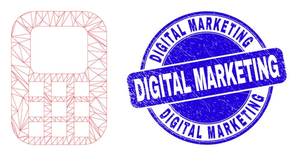 Blue Scratched Digital Marketing Stempel Siegel und Web Mesh Handy — Stockvektor