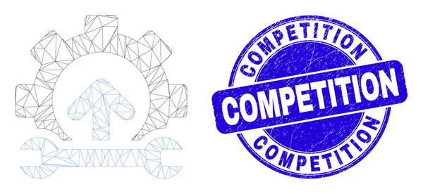 Selo azul Grunge competição e Web Mesh Engrenagem Integração Seta — Vetor de Stock