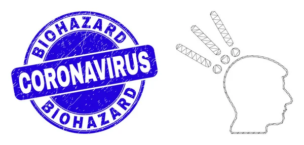 Blue Grunge Biohazard Coronavirus Stämpel Seal och Web Mesh Test Head — Stock vektor