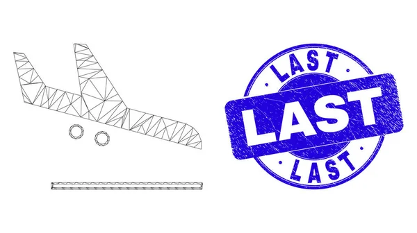 Blue Scratched Last Stempel Siegel und Web Mesh Flugzeug Landung — Stockvektor
