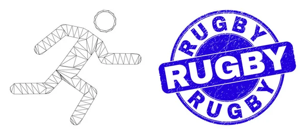 Blue Scratched Rugby Seal e Web Mesh Running Man —  Vetores de Stock