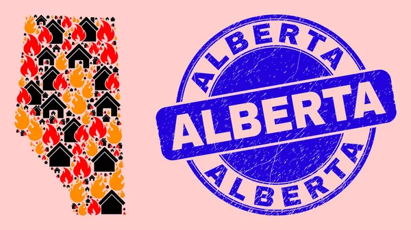 Kaart van de provincie Alberta Collage of Fire and Homes and Scratched Alberta Seal Stamp — Stockvector