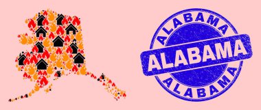 Alaska Harita Ateş ve Evler Kolajı ve çizilmiş Alabama Mührü