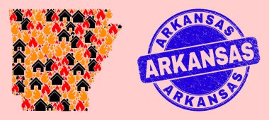 Arkansas Devlet Haritası Alev ve Ev Mozaiği ve Grunge Arkansas Damgası