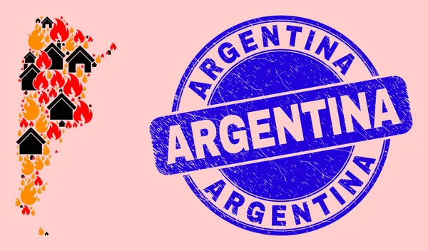 Αργεντινή Χάρτης Σύνθεση της φωτιάς και σπίτια και Grunge Αργεντινή σφραγίδα — Διανυσματικό Αρχείο
