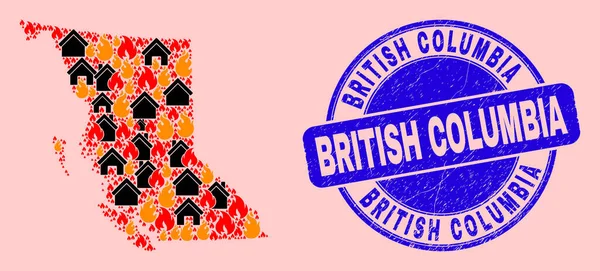 Mapa da Colúmbia Britânica Mosaico do Fogo e Propriedades e Grunge British Columbia Stamp —  Vetores de Stock