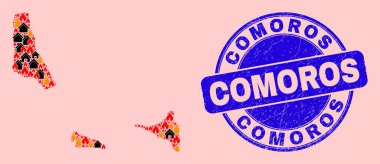 Comoros Adaları Ateş ve Ev ve Grunge Komorsları Mozaiği Haritası