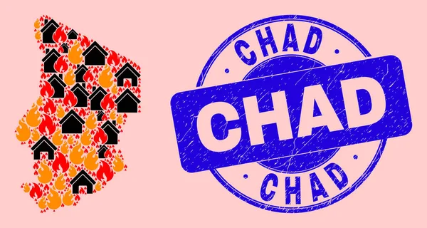 Carte du Tchad Mosaïque de Feu et Maisons et Détresse Timbre du Sceau du Tchad — Image vectorielle