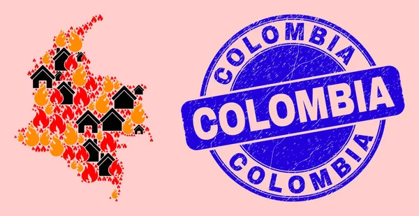 Colombia Map Mosaik of Flame and Buildings and Textured Colombia Seal Stamp — Stock vektor